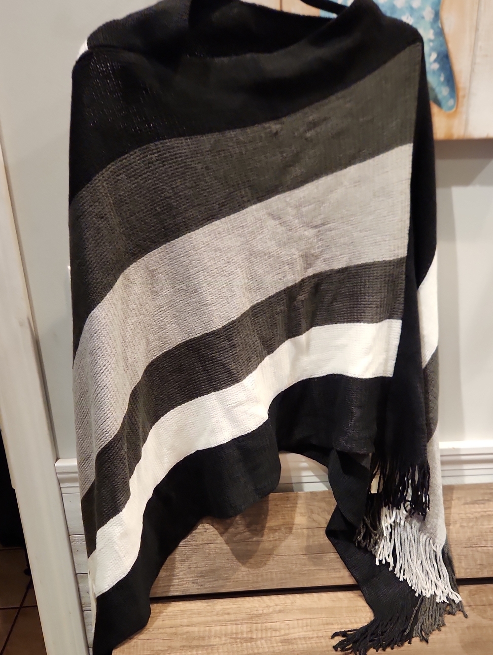 Black and White Striped Throw Shawl - Lightweight Fringe Accent